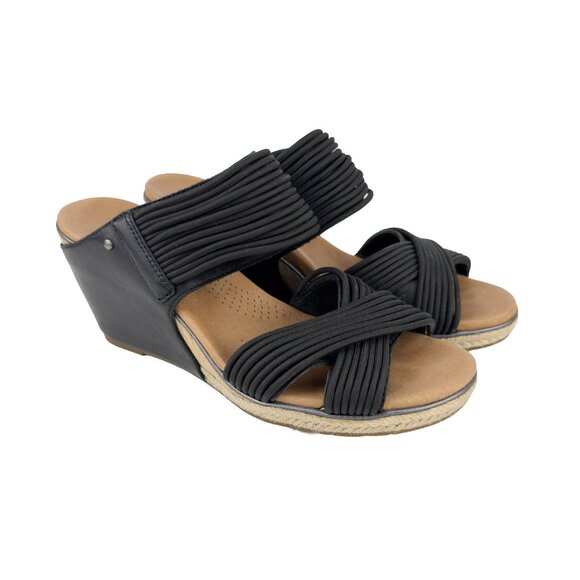 UGG Hilarie Wedge Sandals Black Leather Elastic Straps Espadrille US 8 EU 3 - Picture 2 of 12